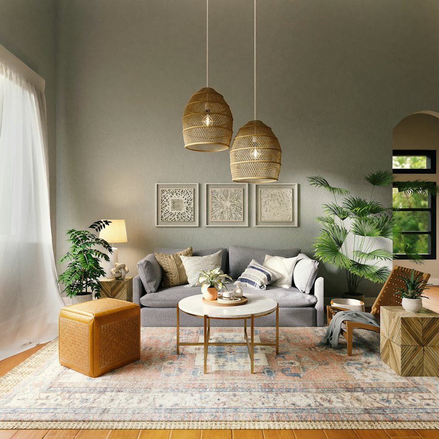Warm living room with a gray sofa, wood coffee table and rattan pendant lights